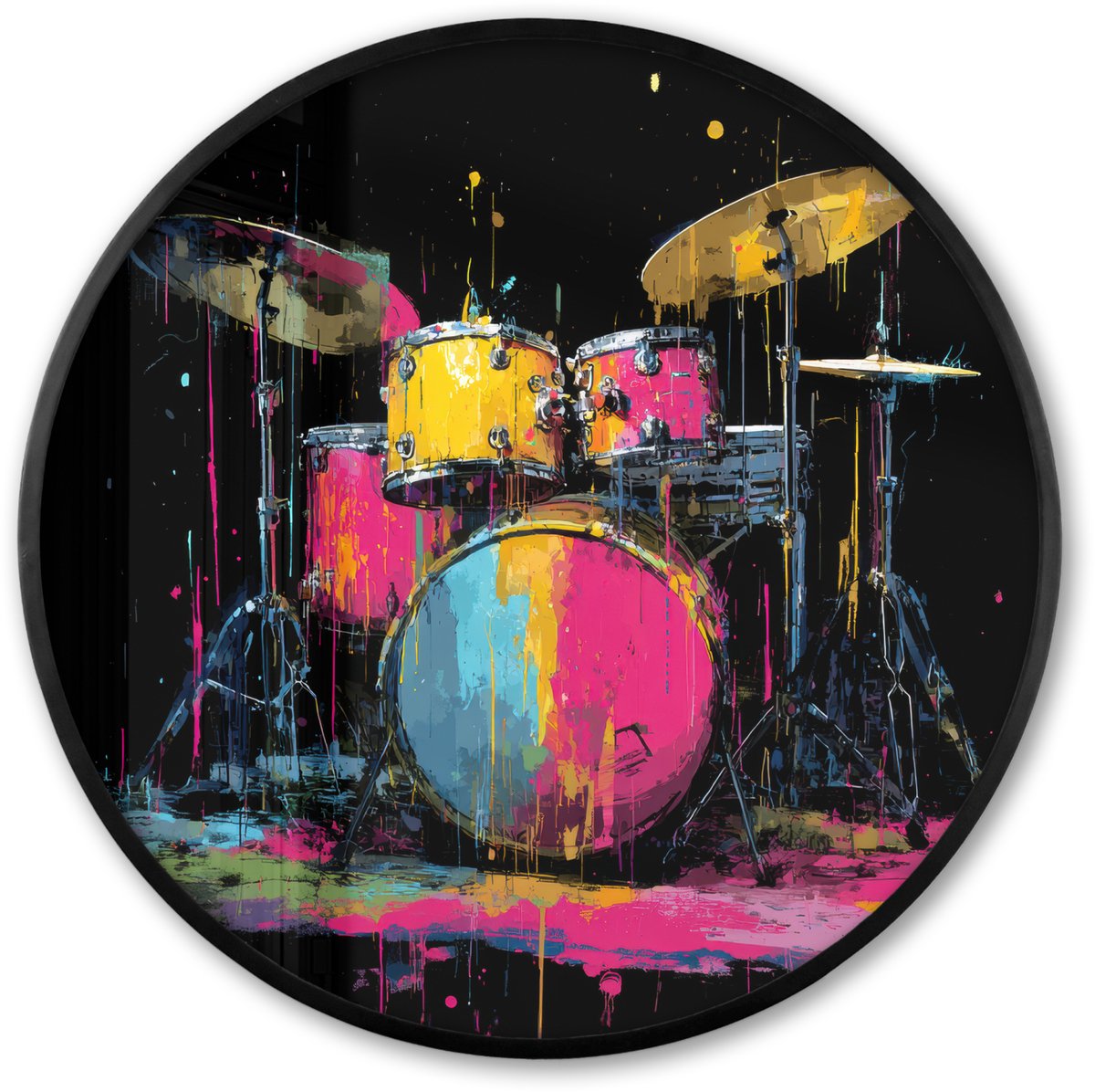 FrameYourWall Poster in lijst Rond - Fotolijst 80x80 cm - Posters - Drumstel - Kleurrijk - Verf - Levendig - Ronde posterlijst zwart - Decoratie - Wanddecoratie woonkamer - Muurdecoratie slaapkamer