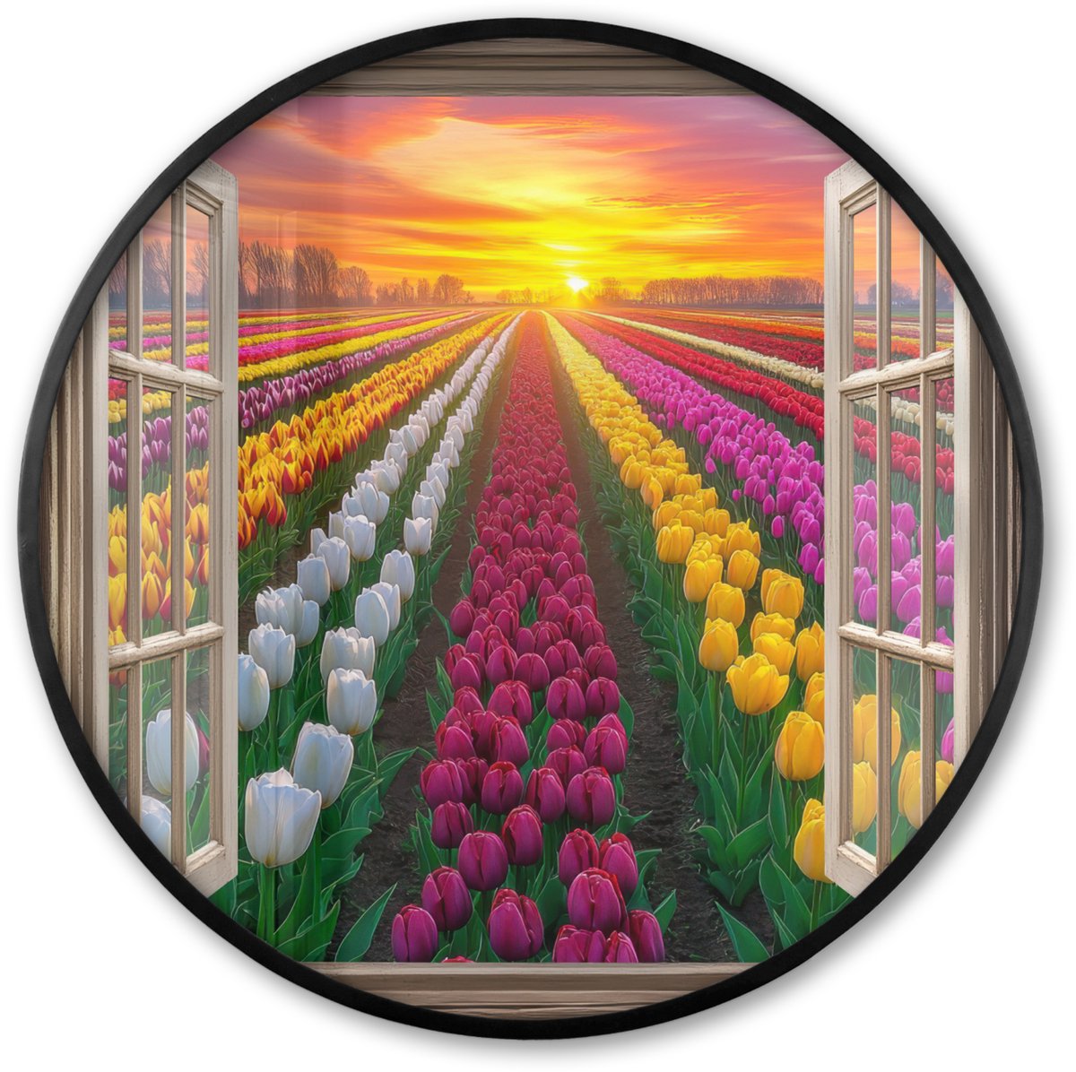 FrameYourWall Poster in lijst Rond - Fotolijst 80x80 cm - Posters - Doorkijk - Bloemen - Tulpen - Kleurrijk - Zonsondergang - Ronde posterlijst zwart - Decoratie - Wanddecoratie woonkamer - Muurdecoratie slaapkamer