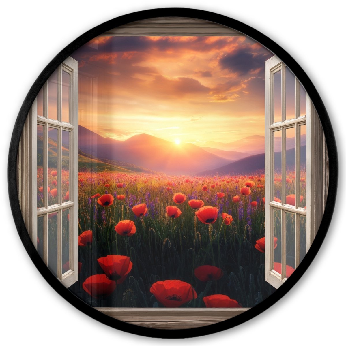 FrameYourWall Poster in lijst Rond - Fotolijst 40x40 cm - Posters - Doorkijk - Klaprozen - Bloemen - Rood - Open raam - Ronde posterlijst zwart - Decoratie - Wanddecoratie woonkamer - Muurdecoratie slaapkamer
