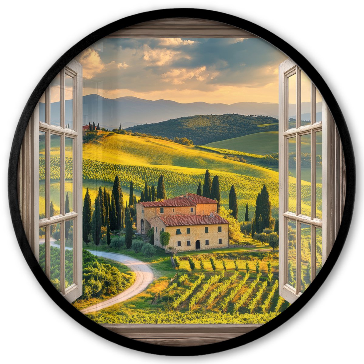 FrameYourWall Poster in lijst Rond - Fotolijst 40x40 cm - Posters - Doorkijk - Toscane - Uitzicht - Landschap - Zomer - Ronde posterlijst zwart - Decoratie - Wanddecoratie woonkamer - Muurdecoratie slaapkamer Toscane - Landschap
