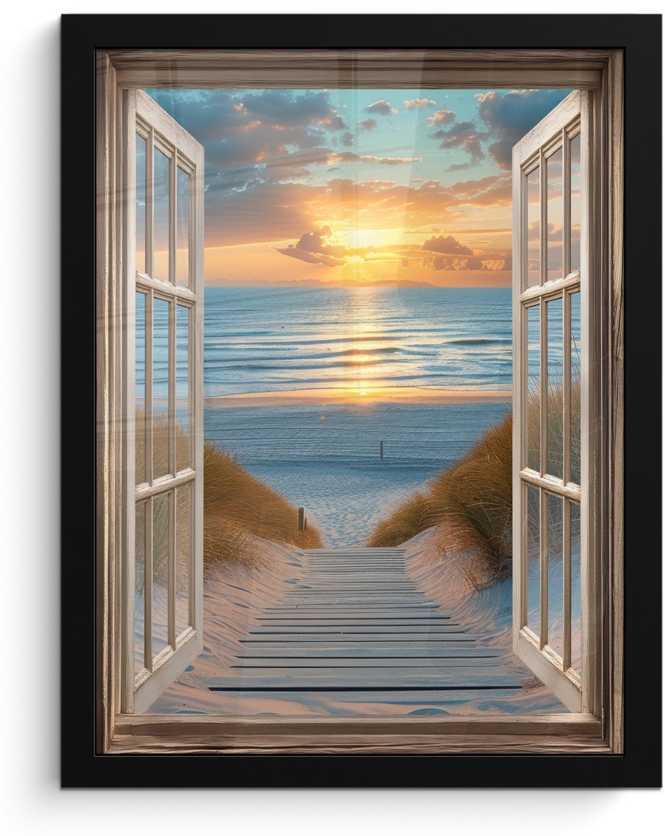 FrameYourWall Poster in lijst - Fotolijst 30x40 cm - Posters - Doorkijk - Strand - Pad - Zonsondergang - Posterlijst zwart - Decoratie - Wanddecoratie woonkamer - Muurdecoratie slaapkamer Zonsondergang - Zee