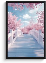 Poster in lijst - Fotolijst 40x60 cm - Posters - Brug - Kersenbomen - Wit - Posterlijst zwart - Decoratie - Wanddecoratie woonkamer - Muurdecoratie slaapkamer