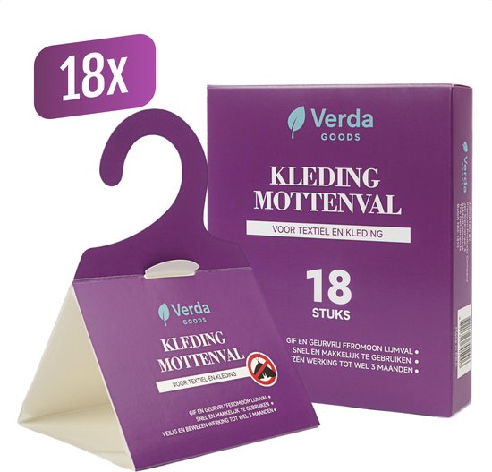 Een paarse mottenval en een paarse doos met "Verda Goods Kleding Mottenval 18 stuks" erop.