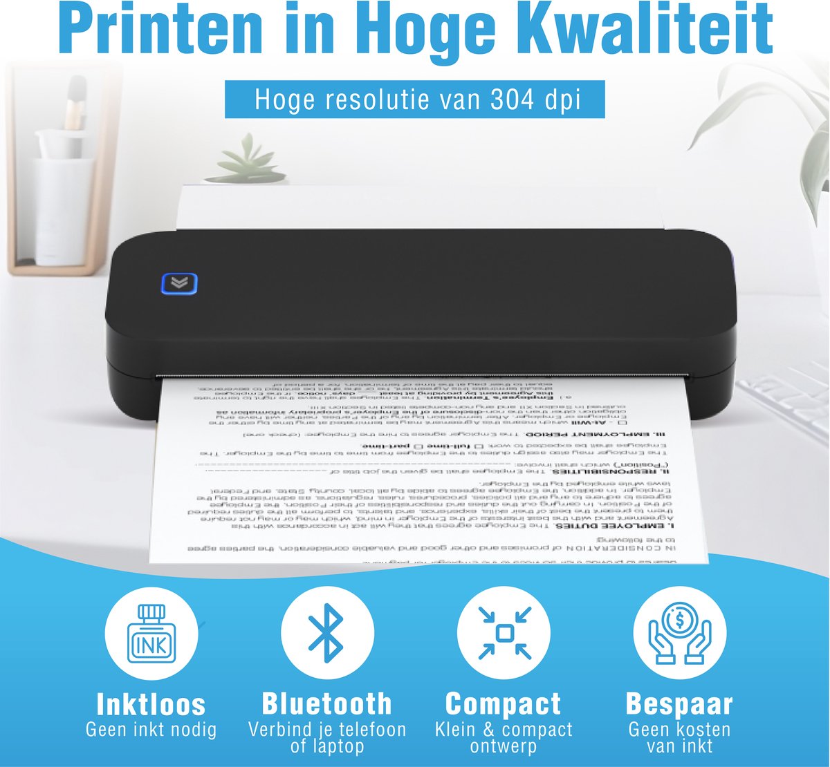 Impressora Térmica® - Thermische A4 printer - Mini Printer voor Mobiel/Tablet/Laptop - 304 DPI - Pocket Printer - Tattoo printer - Inclusief twee rollen thermisch papier - Zwart — afbeelding 4