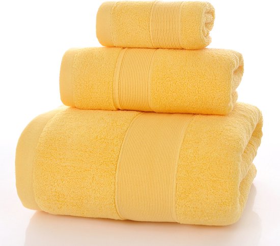 Set van 3 badhanddoeken: handdoek (34x34), washandje (35x75), badhanddoek (70x140). 100% luxe katoen, ultrazacht, hotelkwaliteit, zeer absorberend, geschikt voor badkamer, douche, strand en dagelijks gebruik (geel).