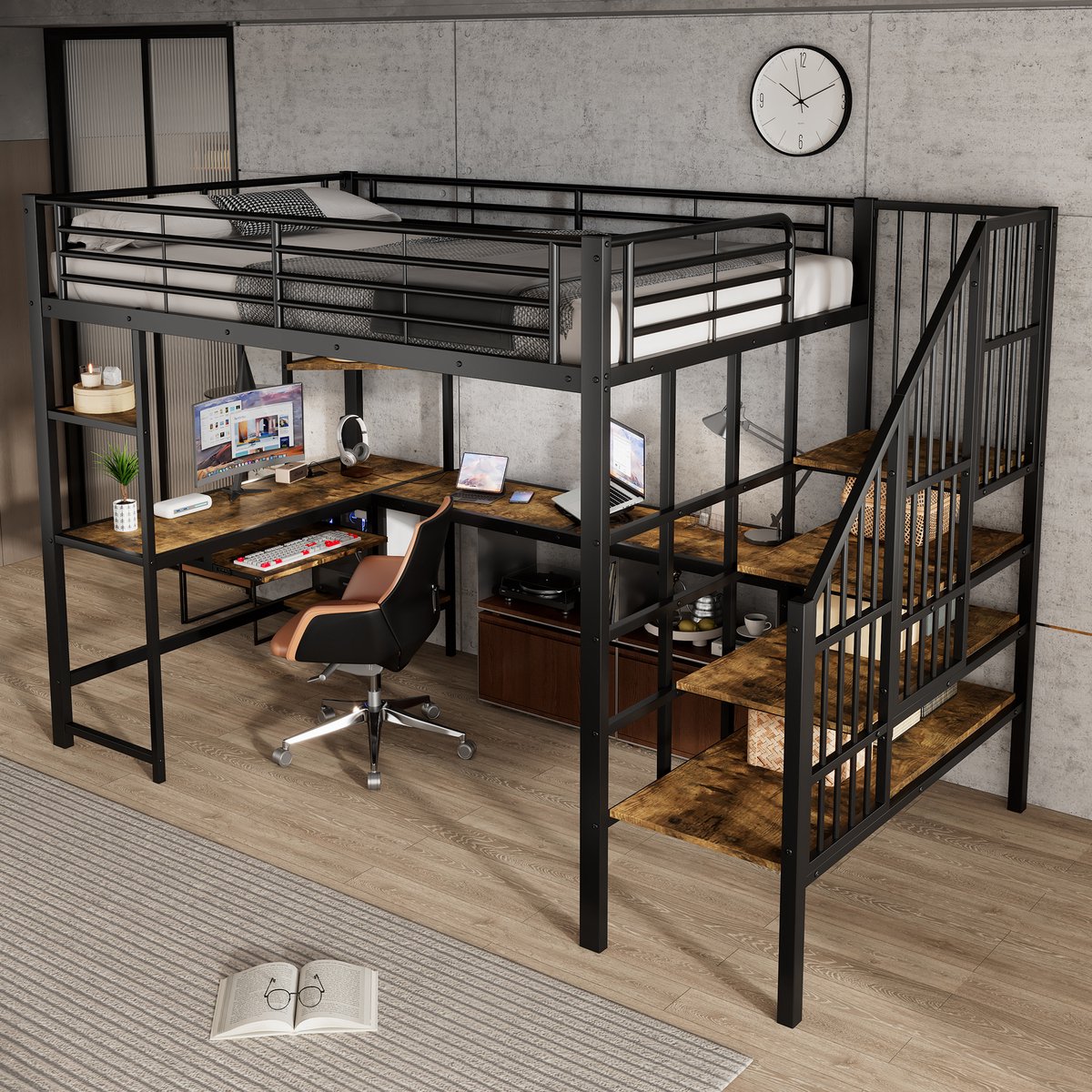 Pugsdrly IJzeren bed, met oplaadaansluiting, comfortabele en veilige hoektrap, bureau met toetsenbordlade en opbergruimte, ijzer + MDF, zwart + donker, 120 x 200 cm