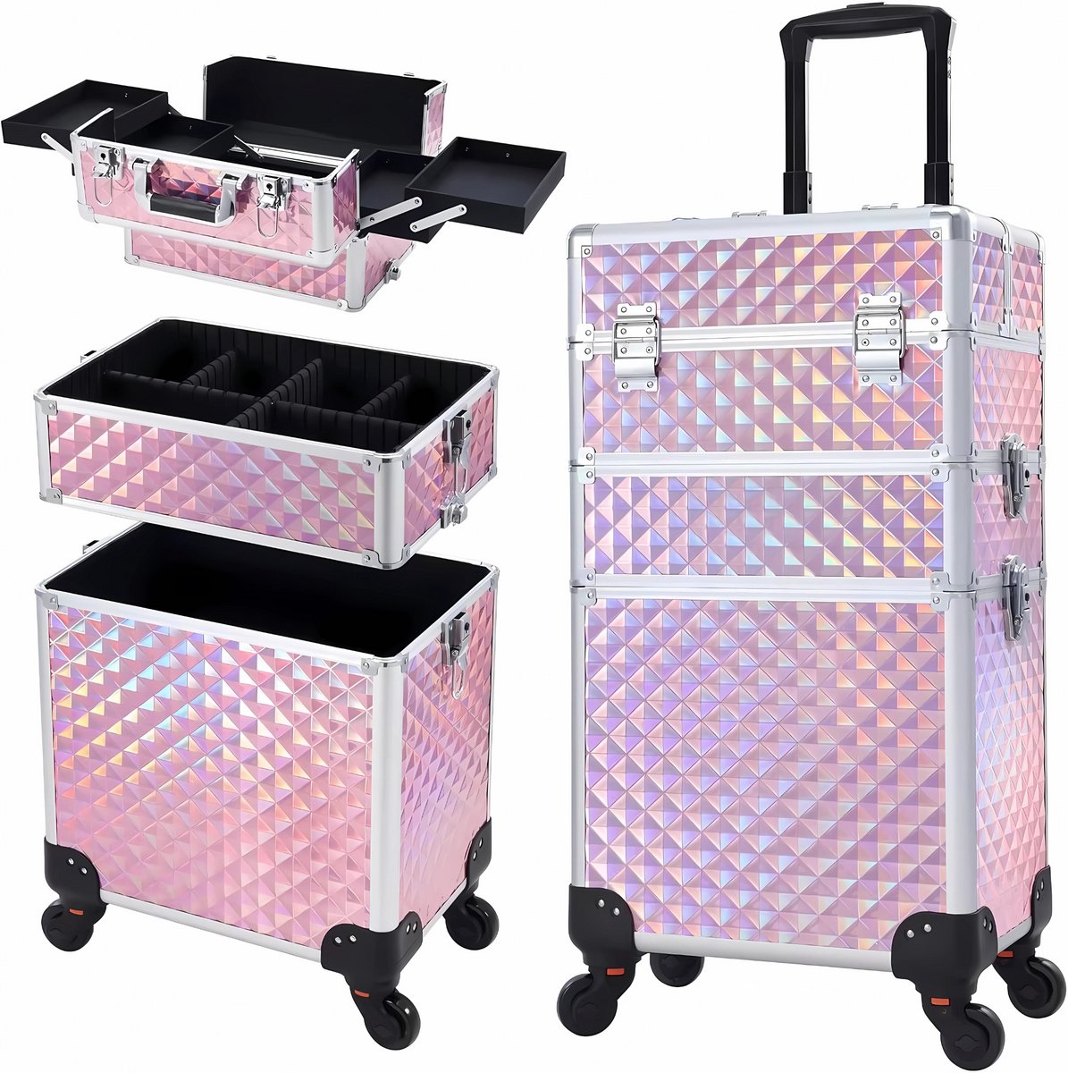 3-in-1 Rollende Make-up Trolley - Make up koffer - Kappers koffer - Beautycase - Voor Schoonheidssalons en visagie - Roze