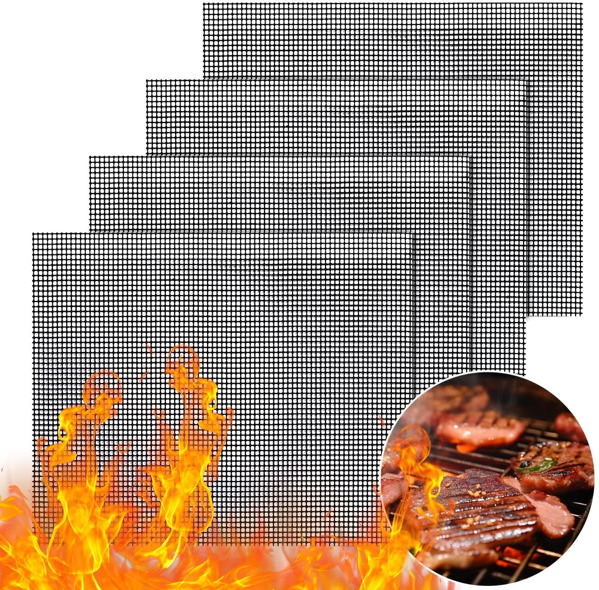 Grillmatten Set van 4 – Herbruikbare, Hittebestendige BBQ Matten 40x33 cm met Antiaanbaklaag, Geschikt voor Gas, Houtskool, Elektrisch en Oven, Multifunctioneel
