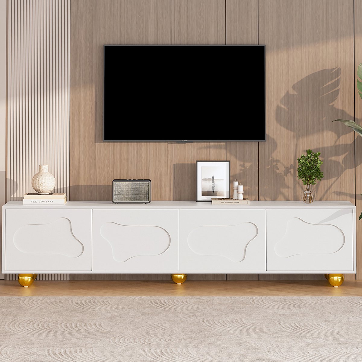 Pugsdrly TV-meubel 180*40*45 cm, mooi cartoon TV-meubel, laag meubel met 2 kasten, TV-meubel in de vorm van een wolk, TV-meubel met 5 poten, draagvermogen tot 60 kg, geschikt voor 75 inch Wit