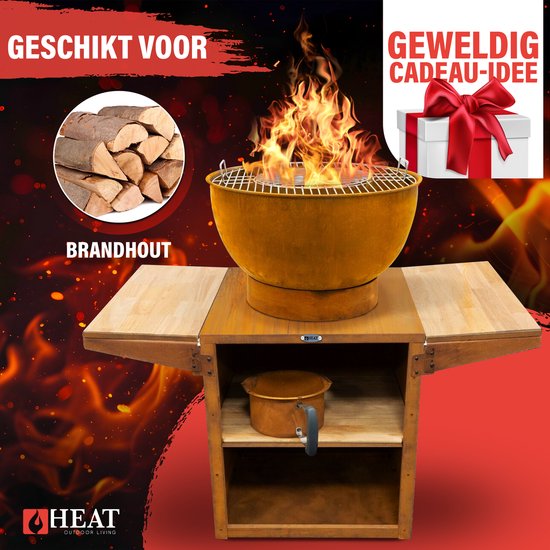 HEAT Outdoor Living Buitenkeuken Kjok Roest - Barbecue met Opslag - Mobiele Buitenkeuken - Barbecue Plancha - Grillen - Staal - Incl. Snijplank - Sfeervolle Avonden met Vrienden en Familie - 122x60x93 cm van HEAT Outdoor Living — afbeelding 4