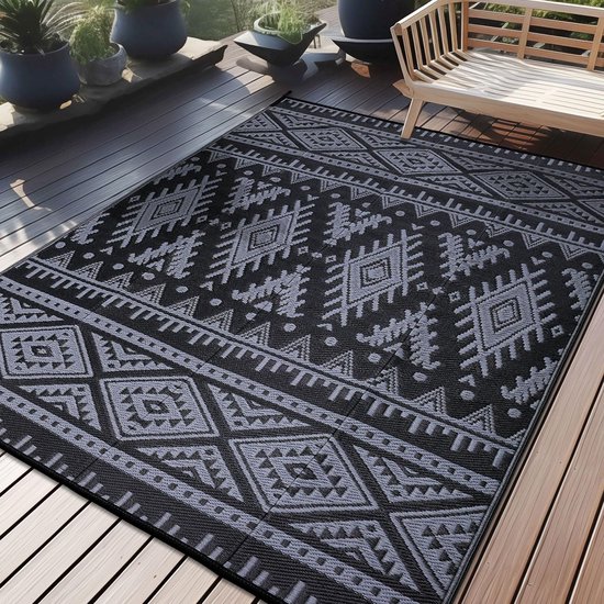 SHACOS Buitentapijt, 180 x 270 cm waterdichte picknickdeken omkeerbare vloermat draagbaar plastic strotapijt lichtgewicht RV campingmat geweven geometrisch tapijt voor terrasdek picknick strand, blauw