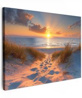 Tuinschilderij voor buiten 100x70 cm - Tuindecoratie Zonsondergang - Duinen - Strand - Zee - Tuinposter op canvas - Tuin muurdecoratie - Buitenschilderij decoratie - Schutting wanddecoratie - Buitencanvas