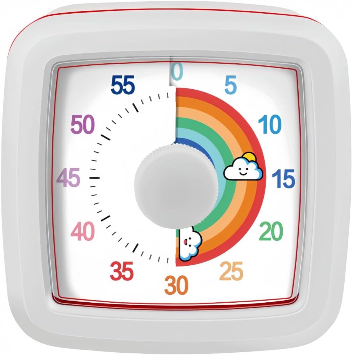 Timer - Visuele timer met beschermhoes - 60 minuten afteltimer - Regenboogschijf - 9,5 x 9,5 x 4,7 cm - Visueel - Witte wolk - Tijdmanager - Geschikt voor kinderen en volwassenen - Stille tijdmanagementtool - Wit