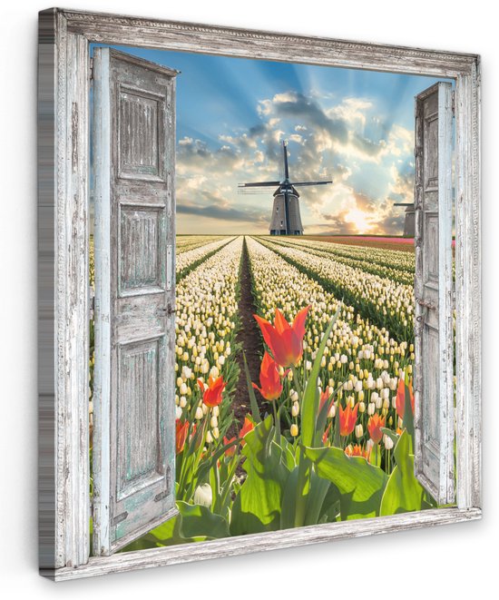 Peinture de jardin pour l'extérieur 80x80 cm - Tuindecoratie Bloemen - Moulin - Printemps - Perspective - Affiche de jardin sur toile - Décoration murale de jardin - Peinture extérieure décoration - Décoration murale de clôture - Toile extérieure