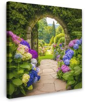 Tuinschilderij voor buiten 80x80 cm - Tuindecoratie Doorkijk - Poort - Hortensia - Bloementuin - Tuinposter op canvas - Tuin muurdecoratie - Buitenschilderij decoratie - Schutting wanddecoratie - Buitencanvas