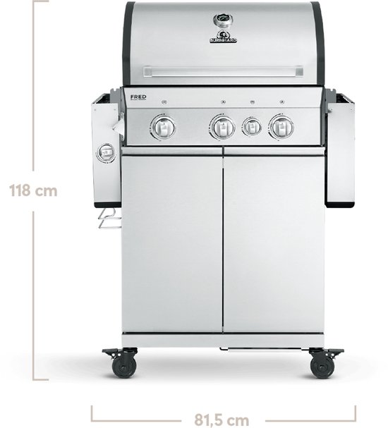 RVS gasbarbecue met gesloten deuren, 118 cm hoog en 81,5 cm breed.