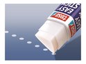 Bâton de colle Tesa Easy Stick avec capuchon bleu et base rouge, appliquant de la colle sur fond bleu.