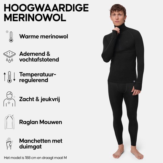 Man met zwarte coltrui met rits en thermobroek. Kenmerken: warme merinowol, ademend, vochtafstotend, temperatuurregulerend, zacht, jeukvrij, raglan mouwen, manchetten met duimgat.