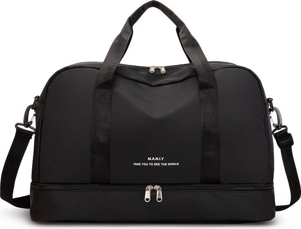 Zwarte Sporttas & Reistas voor dames en heren, met schoenenvak en nat vak, - M.A.N.I.Y. Sjtoer, Luxe zwart, reistas, lichte trainingstas, waterdichte zwemtas voor reizen, sport, fitness