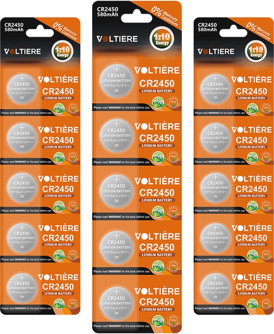 Drie verpakkingen met elk 5 CR2450 lithium knoopbatterijen, 3V, 580mAh, zonder kwik en cadmium.