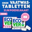 Twee pakjes Ecover All-in-One en Ecover Power vaatwastabletten. Twee losse tabletten liggen ernaast. Tekst 'ONZE VAATWAS-TABLETTEN ZIJN POEDELNAAKT'.