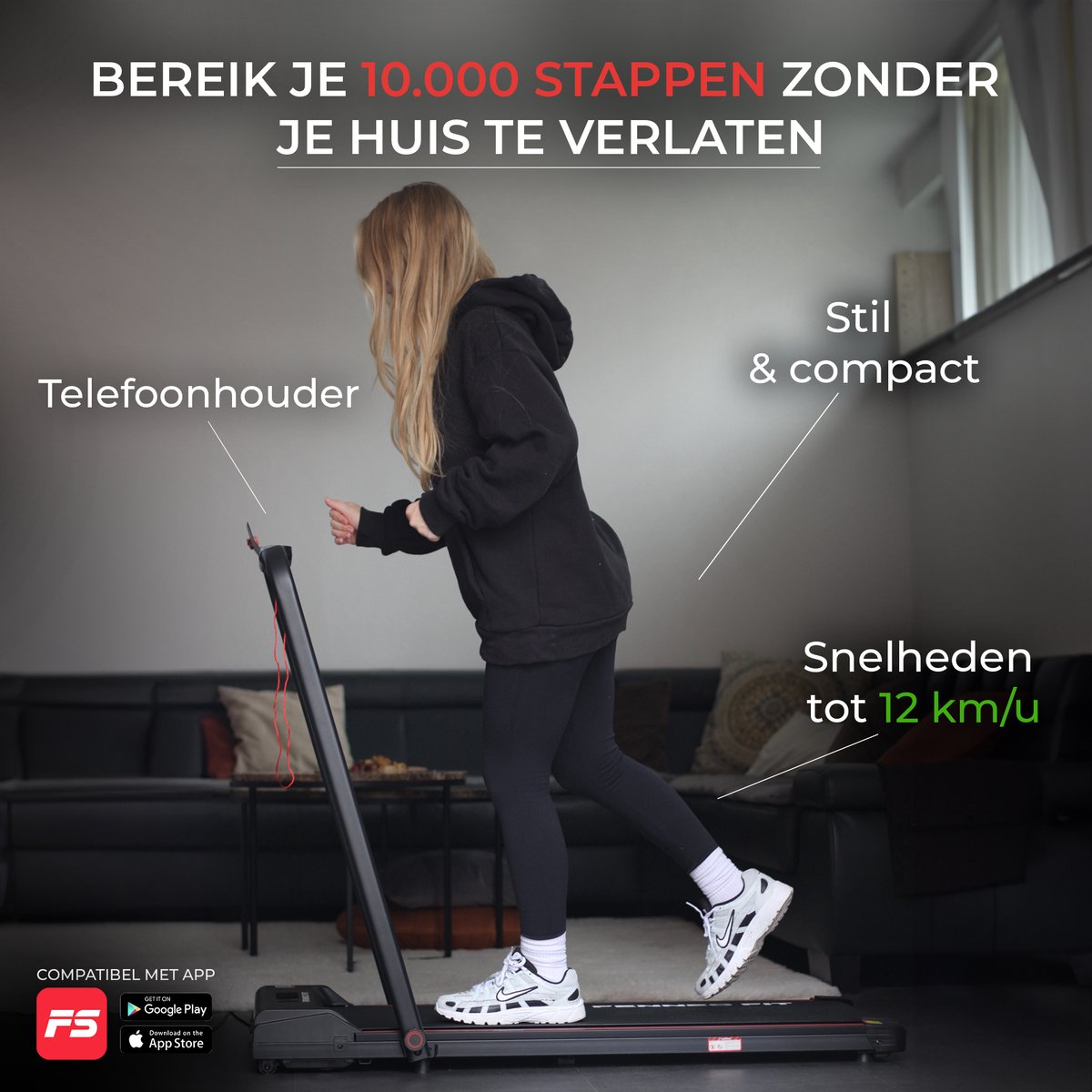 Afbeelding 3 van Fennecfit-Loopband - Inklapbaar - 1-12km/u - Wandelband - Walking Pad - Opvouwbare Loopband - Walkingpad - Treadmill - Loopband Elektrisch-sport app
