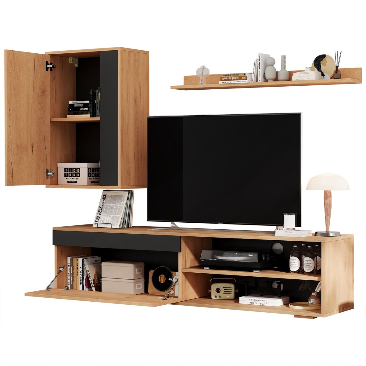 Merax TV-meubelset met Vitrine en Wandplank – Woonwand 3-delig - TV-kast tot 140 cm - Staa