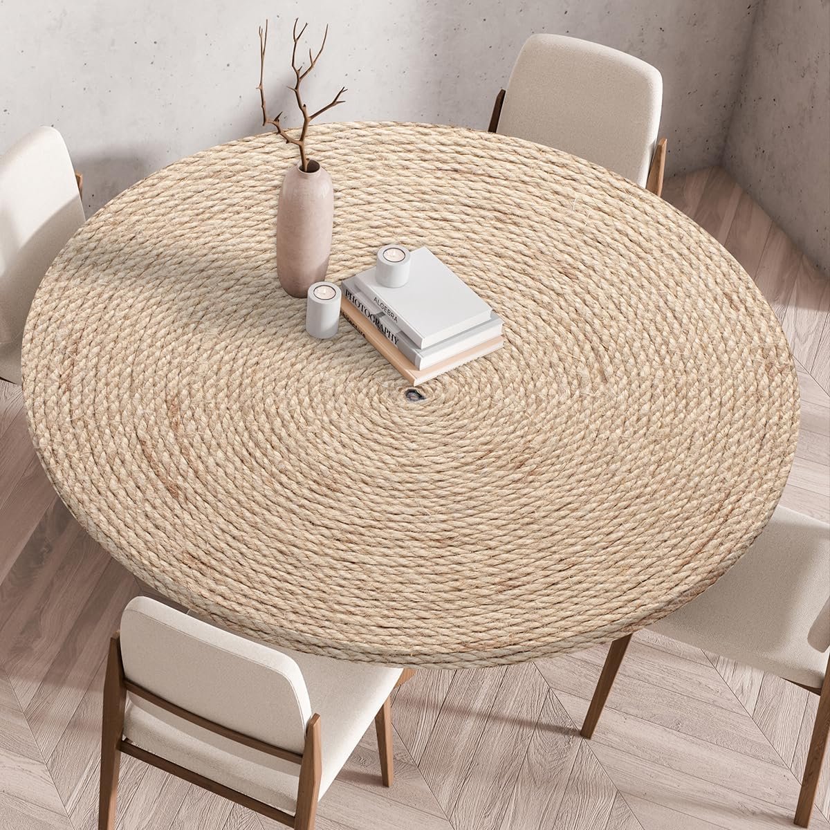 Tafelkleed met elastische rand, rond, gevouwen 3D geprint, afwasbaar rond tafelkleed voor binnen en buiten, afwasbaar, voor keuken, eetkamer, picknicktafels, 150 cm, rotan