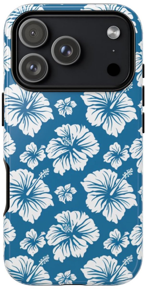 Wit Hawaïaans Bloemenpatroon op Blauw – Telefoonhoesje Geschikt voor iPhone 17 Pro