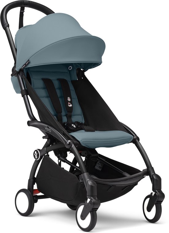 Stokke YOYO3 kinderwagen vanaf 6 maanden - Inclusief zwart frame / Aqua zitkussen + luifel - In een handomdraai in- en uitklapbaar - Licht en compact - Past in handbagage