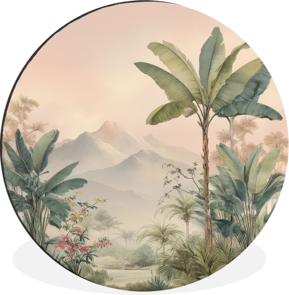 WallCircle Wandcirkel - Muurcirkel - Tropisch landschap - palmbomen - Bloemen - Roze lucht - Aluminium - Dibond - 90x90 cm - Binnen en Buiten Tropisch - Landschap
