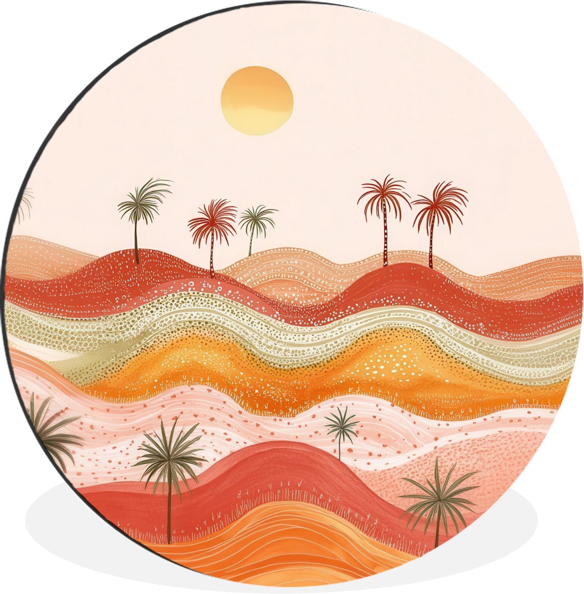 WallCircle Wandcirkel - Muurcirkel - Abstract landschap - Palmbomen - Kleurrijk - Aluminium - Dibond - 120x120 cm - Binnen en Buiten