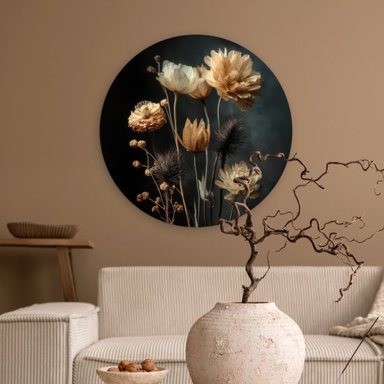 WallCircle® Cercle Mural 60x60 cm - Cercle Mural Bouquet - Fleurs - Clair - Zwart - Décoration murale salon - Décoration murale chambre - Accessoires de décoration de chambre - Tableaux ronds