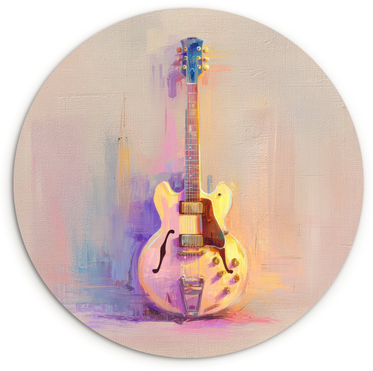 WallCircle® Wandcirkel 30x30 cm - Muurcirkel Gitaar - Pastel - Schilderachtig - Muurdecoratie woonkamer - Wanddecoratie slaapkamer - Kamer decoratie accessoires - Ronde schilderijen