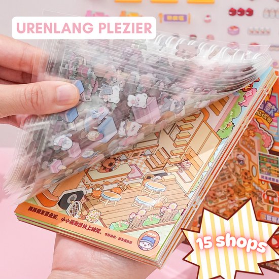 Close-up van een hand die door een plastic hoes met talloze kleine capybara-stickers bladert, bovenop een stickerboek met winkelscènes. De tekst '15 shops' is zichtbaar.