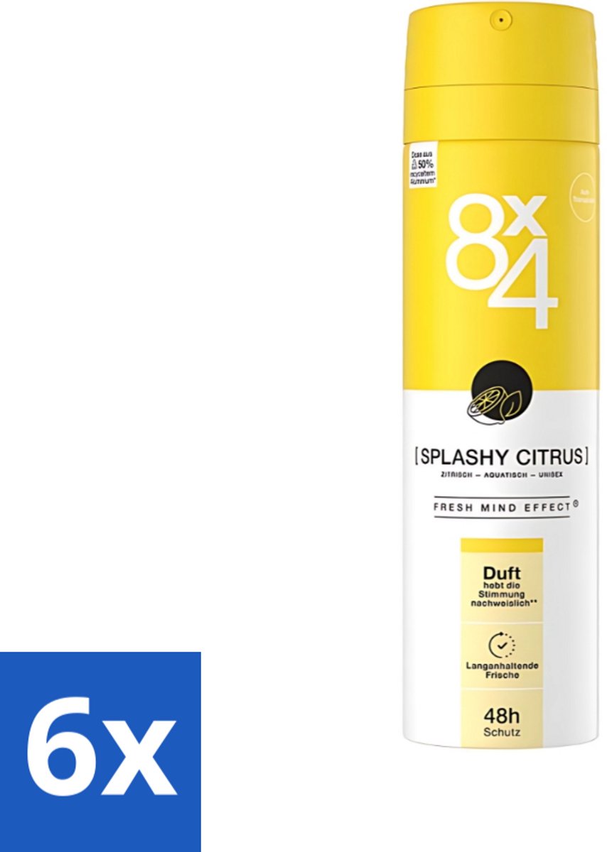 6 x 8 x 4 Deospray - Splashy Citrus - Deodorant - Citrusgeur - 150 ml - Citrus Deodorant - Energiegeur - Frisse Geur - Zweetbescherming - Huidverzorging