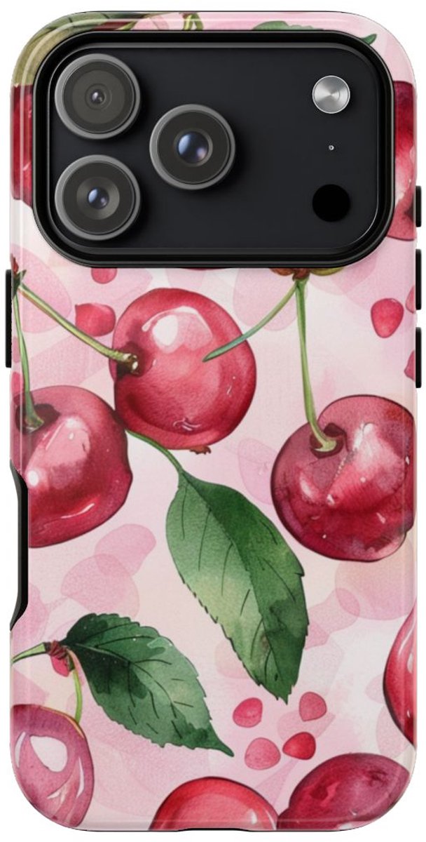 Aquarel Kersenpatroon – Glanzend Stevig Telefoonhoesje Geschikt voor iPhone 17 Pro