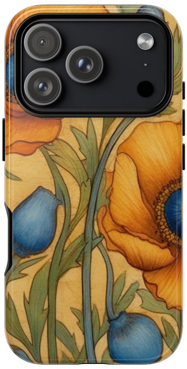 Gouden Klaprozen met Blauwe Harten – Telefoonhoesje Geschikt voor iPhone 17 Pro