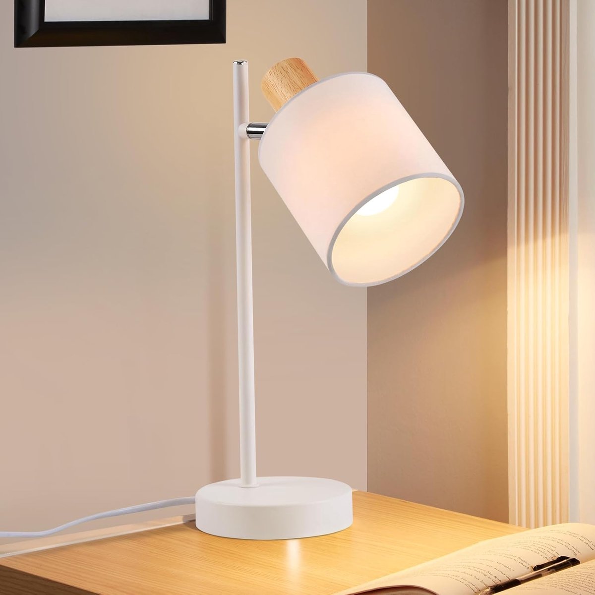 Glitzerlife Houten Vintage - Tafellamp - Schemerlampje Slaapkamer met E14 Fitting - Nachtkastlampen Draaibaar - Wit Stoffen Kap - Retro Rustiek Design - Voor Nachtkast Bureau Woonkamer - Exclusief lamp