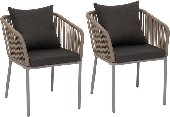 Set van 2 tuinstoelen MCW-N41, armleuning voor buiten, weerbestendig aluminium touwvlechtwerk Rope ~ grijs, donkergrijs kussen
