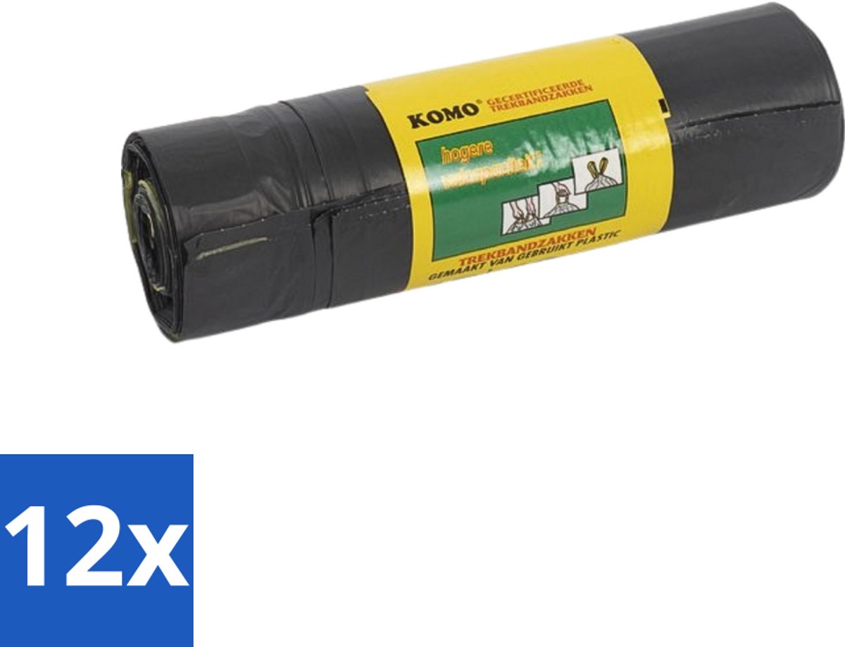 12 x Komo Vuilniszakken Trekband 60L 15 stuks per verpakking - Afvalzak 60 L - Trekband Afvalzak - Hygiënische Afvalzak - Afvalzak LDPE - Afvalzak Huis