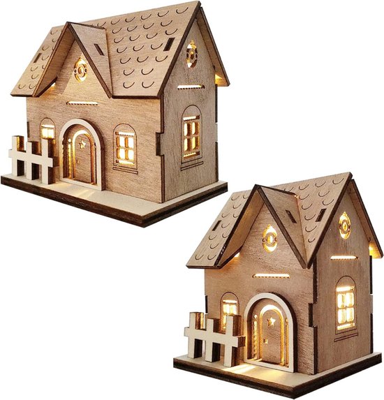 Goodivery® - Kerstdorp Basis - Set Van 2 Houten Kersthuisjes Met Ledverlichting - Doe-Het-Zelf Kerstdorpjes - Winterdorp - Kerstversiering - Tafeldecoratie - Miniatuurhuisjes