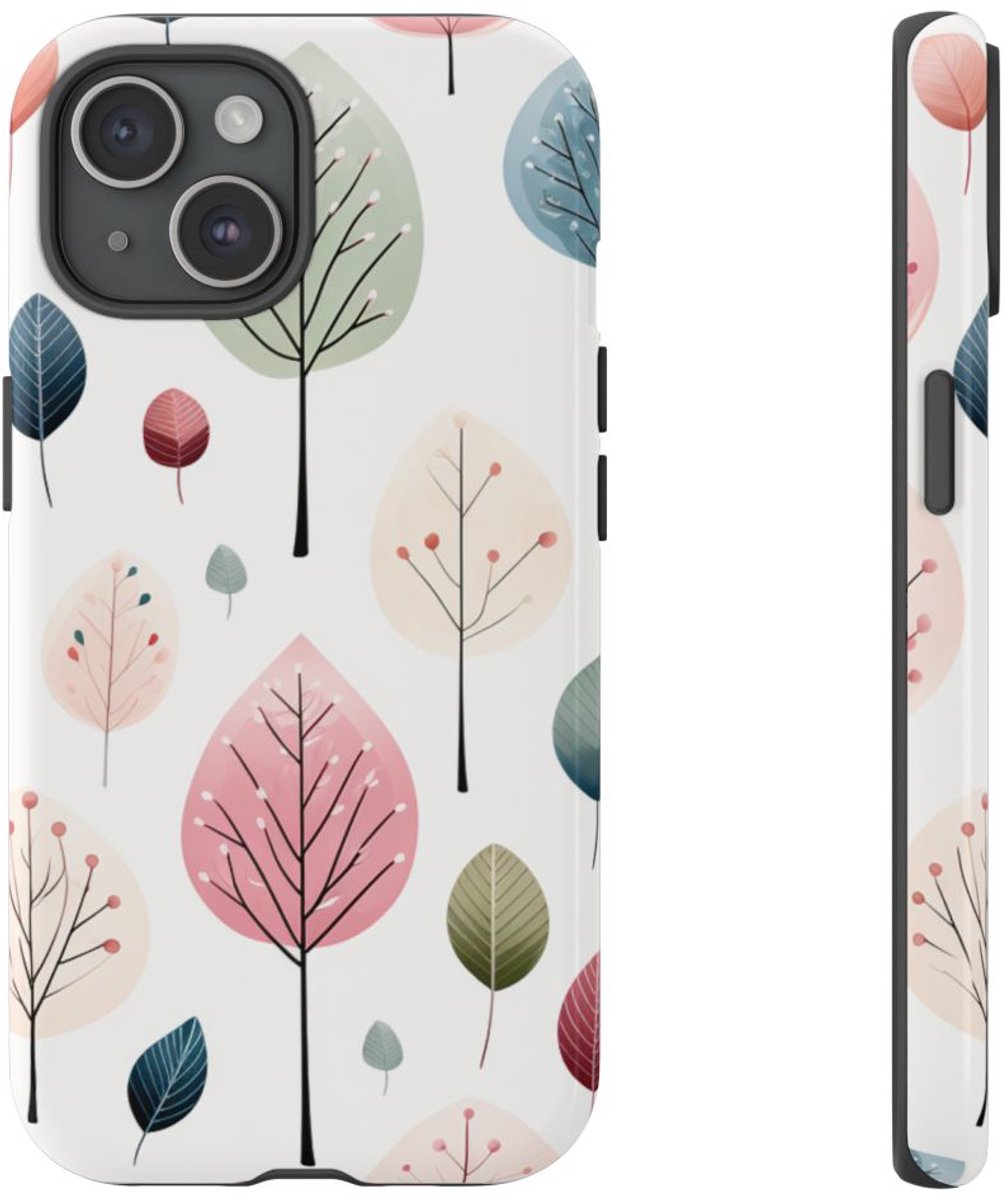 Pastelbladerenpatroon – Glanzend Stevig Hoesje Geschikt voor iPhone 15