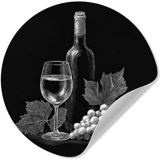 Ronde muurcirkel met een witte lijntekening van een wijnfles, wijnglas, druiventrossen en bladeren op een zwarte achtergrond.