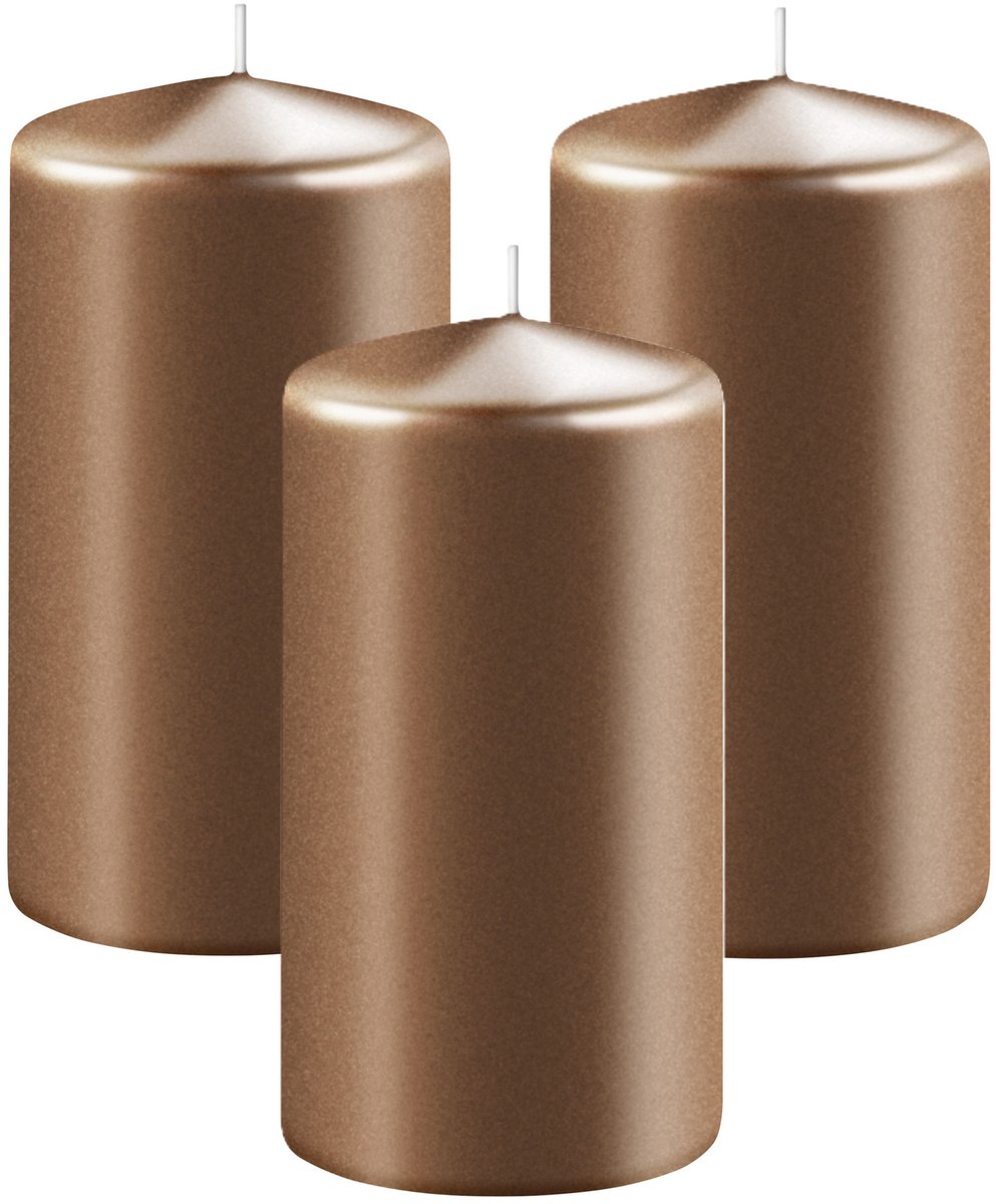 Enlightening Candles Cilinderkaars/stompkaars - 3x - koper - D6 x H8 cm - 27 branduren - Dikke kaarsen - Voor kandelaar of plateau