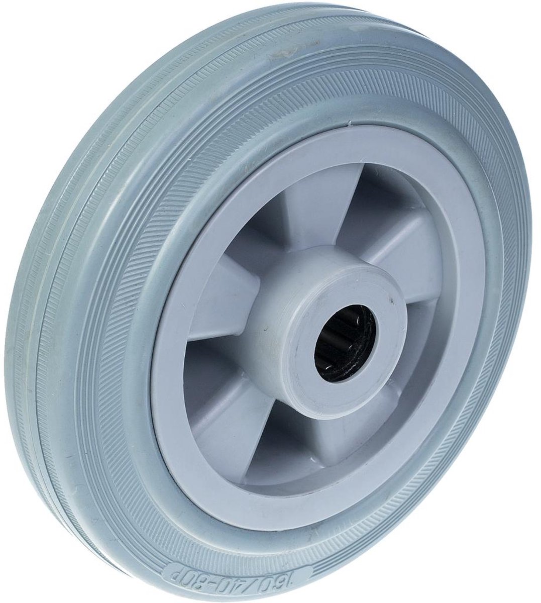 Wiel van 160 mm met grijs rubber op een kern van polypropyleen