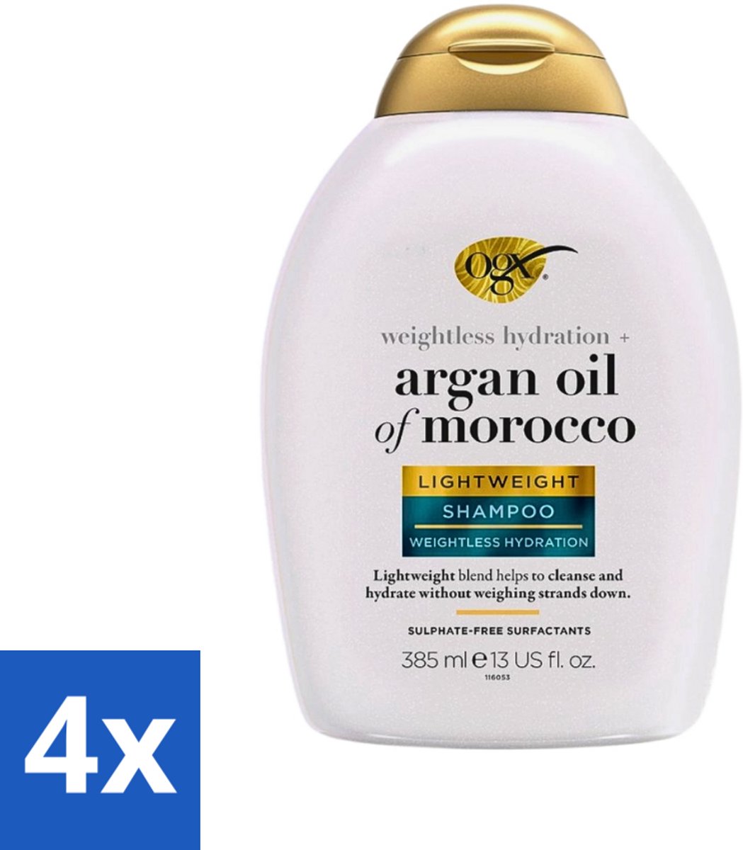 4 x OGX - Argan Oil of Morocco - Shampoo - Lichtgewicht - Voor Dagelijks Gebruik - 385 ml - Luchtige Shampoo - Arganolie Shampoo - Dagelijks Gebruik Shampoo - Gezonde Glans - Zachtheid Haar