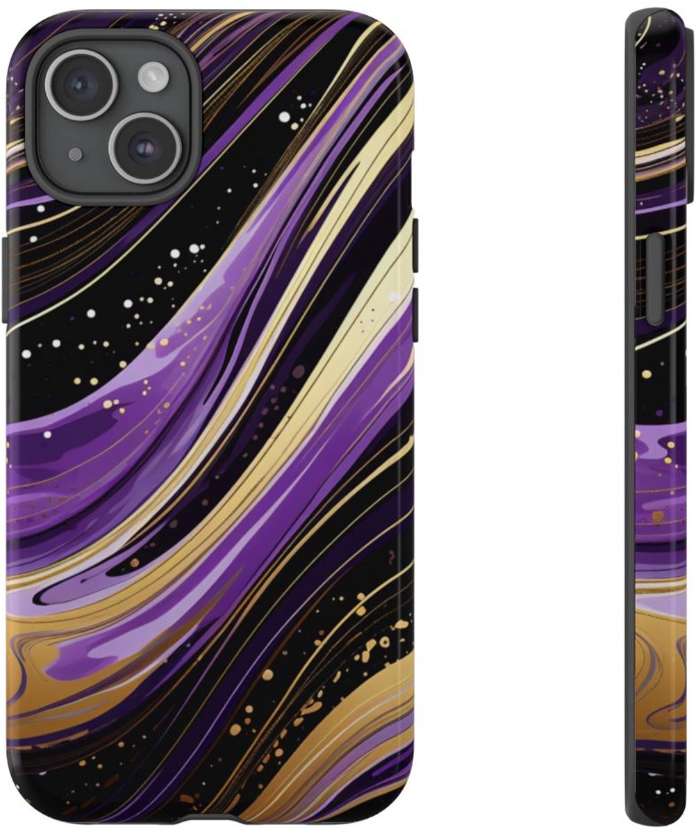 Paarse en Gouden Abstracte Krullen – Telefoonhoesje Geschikt voor iPhone 15 Plus