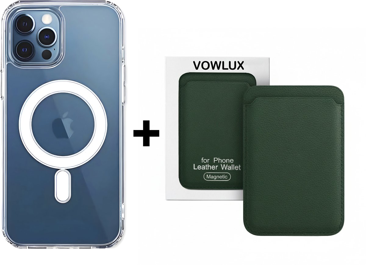 VOWLUX Compatible MagSafe Hoesje voor iPhone 15 Pro Max Transparant – Inclusief Groen Wallet Pasjeshouder – 24 Magneten – Kunstleer – 3 Kaarten – Shockproof Case