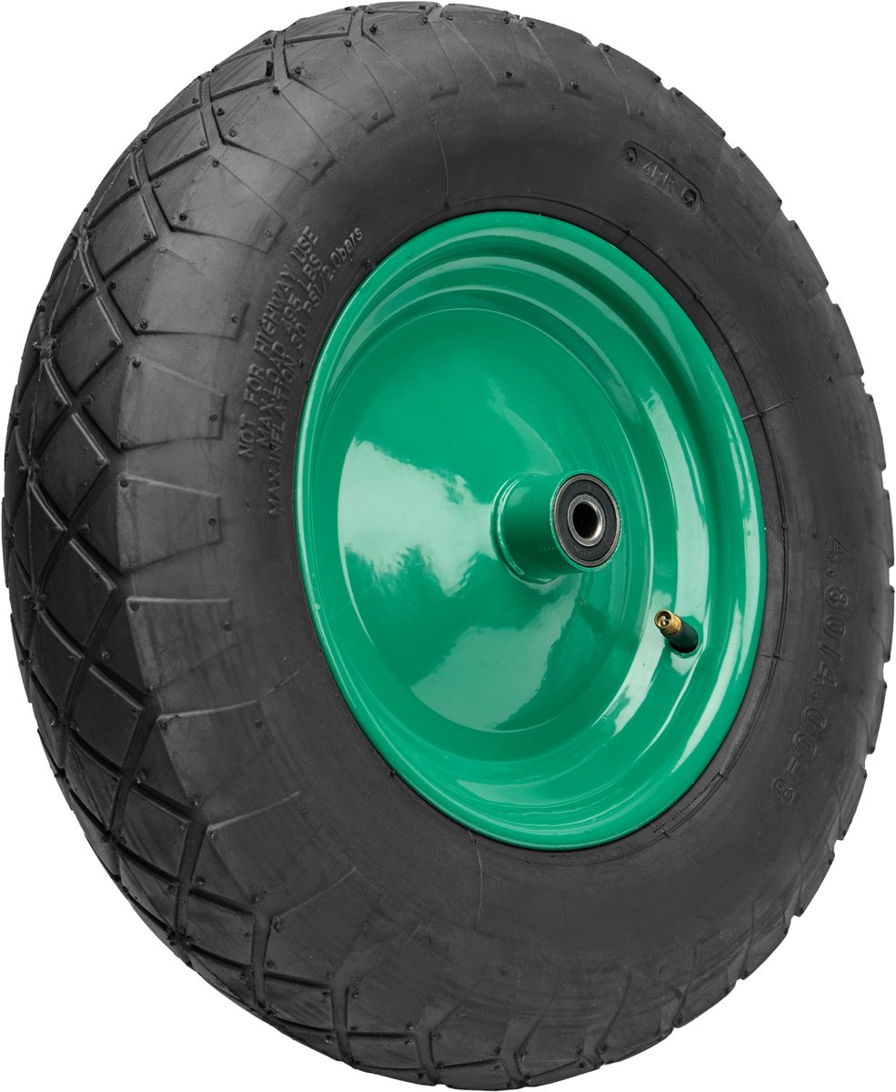 GARRONDA - Vervangwiel Kruiwagen 4.80/4.00-8 Kruiwagenwiel Ø 390 mm Luchtband 4PR Band tot 120 kg met As Stalen Velg Kogellager voor Tuinwagen Erf Bouwplaats GD-0163, Zwart-Groen